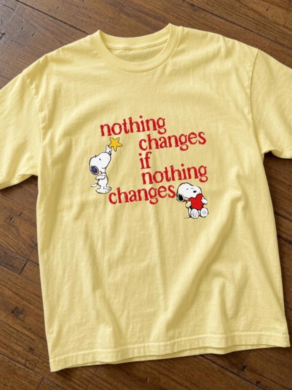 Gildan Yellow Snoopy Graphic Tee with Red Text